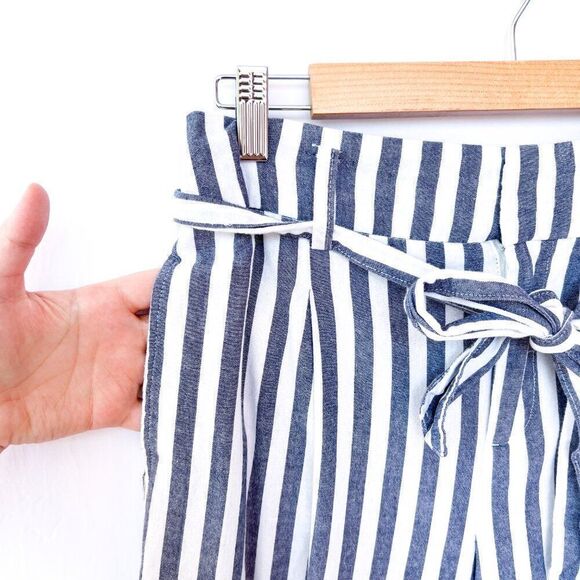 Zara White Blue Gray Striped Paper Bag 100% Cotton Pants Small - Picture 3 of 8